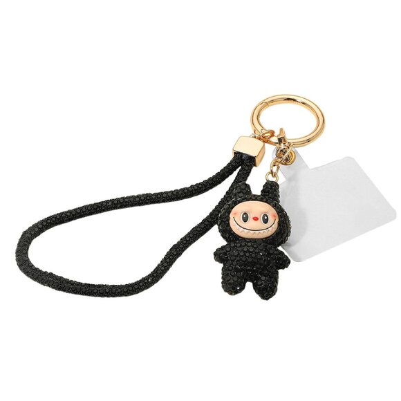 BLACK Bling Studded Monster Bunny Figure Phone Strap Keychain Bag Charm - Picture 4 of 5